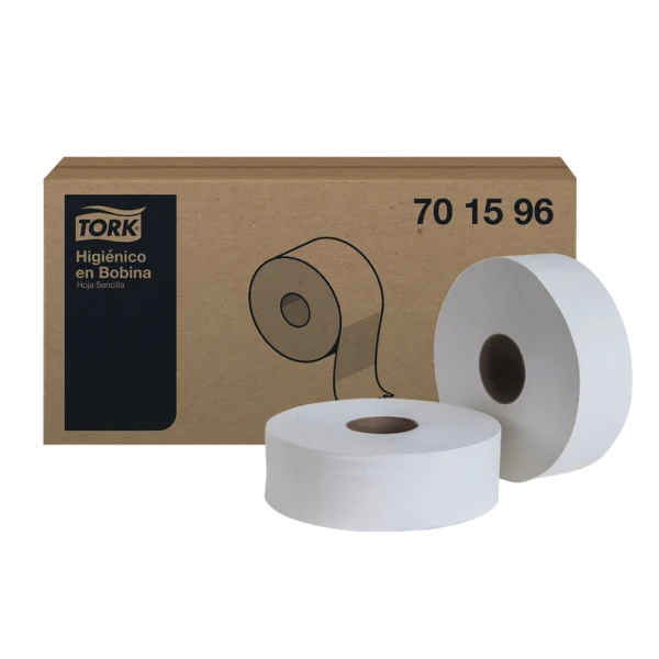 Papel Higiénico Tork Bobina 400 Metros, sencilla hoja, máximo ahorro, compatible con cualquier dispensador de rollo jumbo.