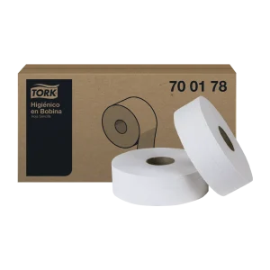 Papel Higiénico Tork Bobina 500 Metros, sencilla hoja, larga duración, compatible con cualquier dispensador de rollo jumbo.