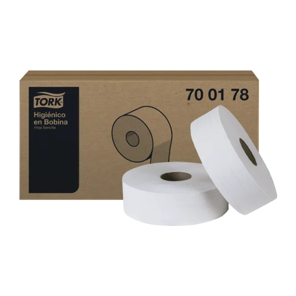 Papel Higiénico Tork Bobina 500 Metros, sencilla hoja, larga duración, compatible con cualquier dispensador de rollo jumbo.