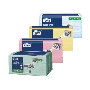 Pañuelos de Limpieza Tork Premium de varios colores (verde, amarillo, rojo, azul), de alta resistencia y absorcion para tareas exigentes.