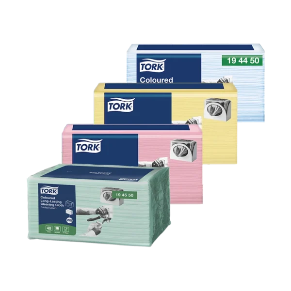 Pañuelos de Limpieza Tork Premium de varios colores (verde, amarillo, rojo, azul), de alta resistencia y absorcion para tareas exigentes.