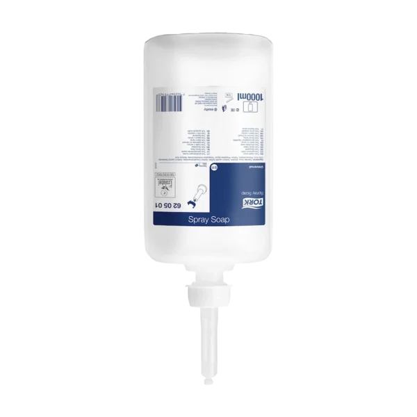 Jabón Tork para spray en cartucho de 1000 ml, su fórmula genera espuma ligera y permite hasta 3,000 dosis