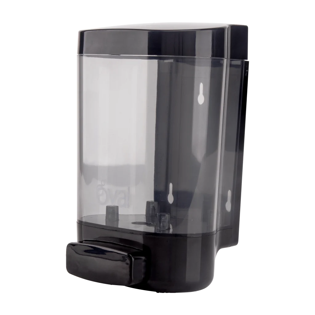 Jabonera EBBA Plástico ABS de 1 litro, con diseño estético e innovador, que ofrece mayor resistencia y durabilidad. Incluye los modelos Humo/Negro (DV062) y Humo/Blanco (DV063).