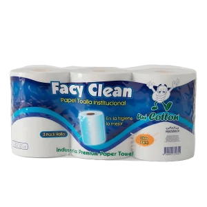 Papel Toalla Facy Clean 180 Metros, bobina institucional de calidad premium con máxima absorción, disponible en paquete de 3 rollos.