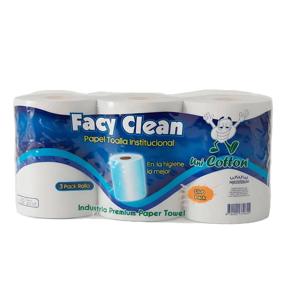 Papel Toalla Facy Clean 180 Metros, bobina institucional de calidad premium con máxima absorción, disponible en paquete de 3 rollos.