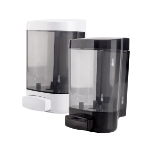 Jabonera EBBA Plástico ABS de 1 litro, con diseño estético e innovador, que ofrece mayor resistencia y durabilidad. Incluye los modelos Humo/Negro (DV062) y Humo/Blanco (DV063).