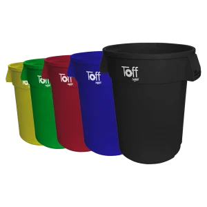 Contenedor Toff 60 Litros de alta resistencia para manejo de residuos y reciclaje, fabricado en materiales de grado alimenticio por Sablon Nicaragua.