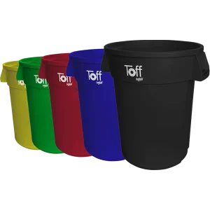 Contenedor Toff 120 Litros de alta resistencia, disponible en varios colores para reciclaje y fabricado con materiales de grado alimenticio por Sablon Nicaragua.