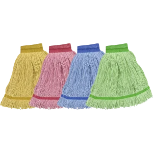 Repuesto de Mecha Loop-End Blend de 570 gramos en colores azul, amarillo, rojo y verde, con diseño de hilo en bucle para evitar el deshilachado y asegurar alta absorbencia.