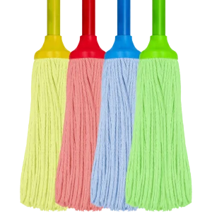 Trapeador de Pabilo Blend con Bastón metálico de 1.20 metros y 350 gramos de peso, diseñado con un sistema de cuatro colores para evitar la contaminación cruzada en áreas institucionales.