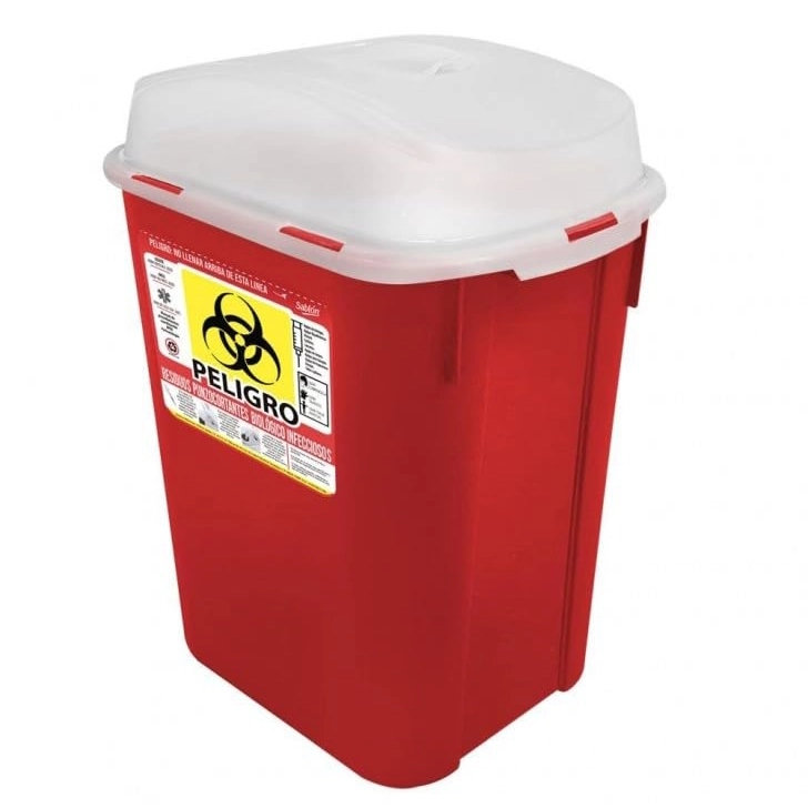 Bote para RPBI 13 Litros marca Sablon en color rojo, diseñado para el desecho seguro de materiales afilados y punzocortantes en centros de salud de Nicaragua.