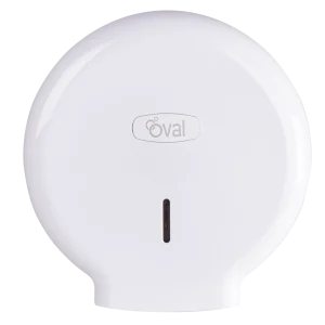Dispensador Oval Eco de Papel Higiénico Jumbo Roll en polipropileno blanco con cerradura de seguridad y ventana de control visual, distribuido por DEQ Comercial en Nicaragua.