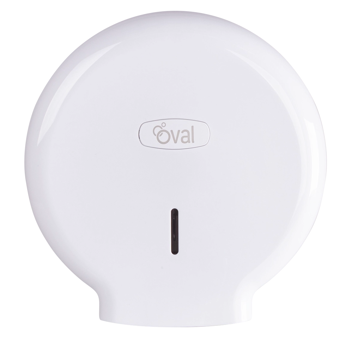 Dispensador Oval Eco de Papel Higiénico Jumbo Roll en polipropileno blanco con cerradura de seguridad y ventana de control visual, distribuido por DEQ Comercial en Nicaragua.