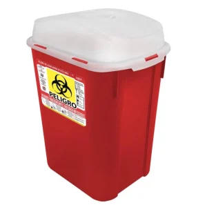 Bote para RPBI 20 Litros** marca Sablon en color rojo para el manejo seguro de residuos peligrosos, agujas y bisturís en hospitales de Nicaragua.