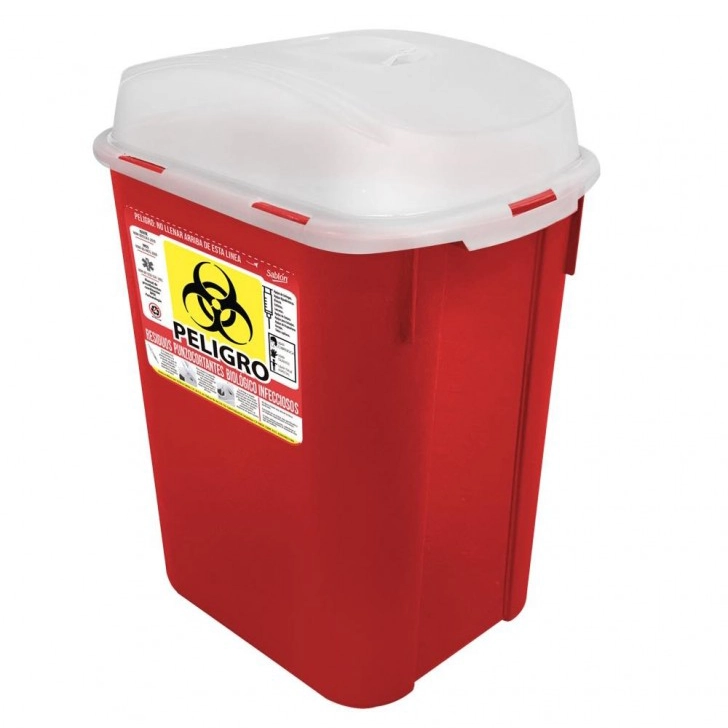 Bote para RPBI 20 Litros** marca Sablon en color rojo para el manejo seguro de residuos peligrosos, agujas y bisturís en hospitales de Nicaragua.