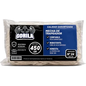 Empaque de la Mecha de Trapeador Gorila N° 24 de 450 gramos, fabricada con fibras de alta densidad y resistencia reforzada para limpieza industrial en Nicaragua.