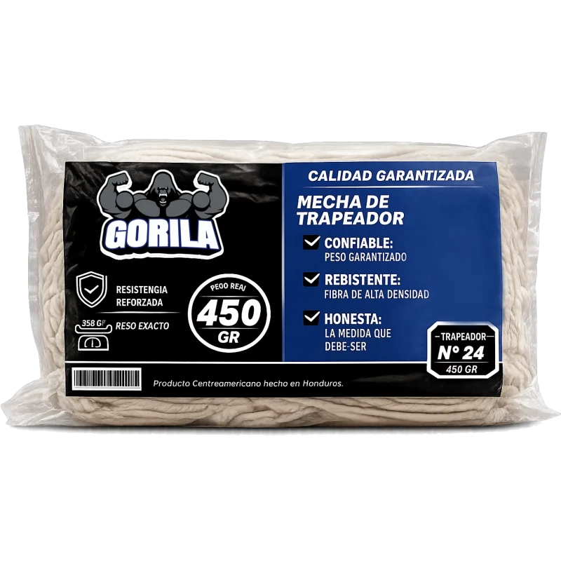 Empaque de la Mecha de Trapeador Gorila N° 24 de 450 gramos, fabricada con fibras de alta densidad y resistencia reforzada para limpieza industrial en Nicaragua.
