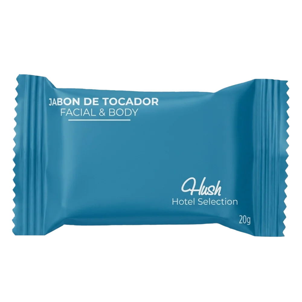 Jabón de Tocador Hush 20 Gramos aroma Avena código PHT00056 en empaque azul hermético para amenidades de hotel en Nicaragua.
