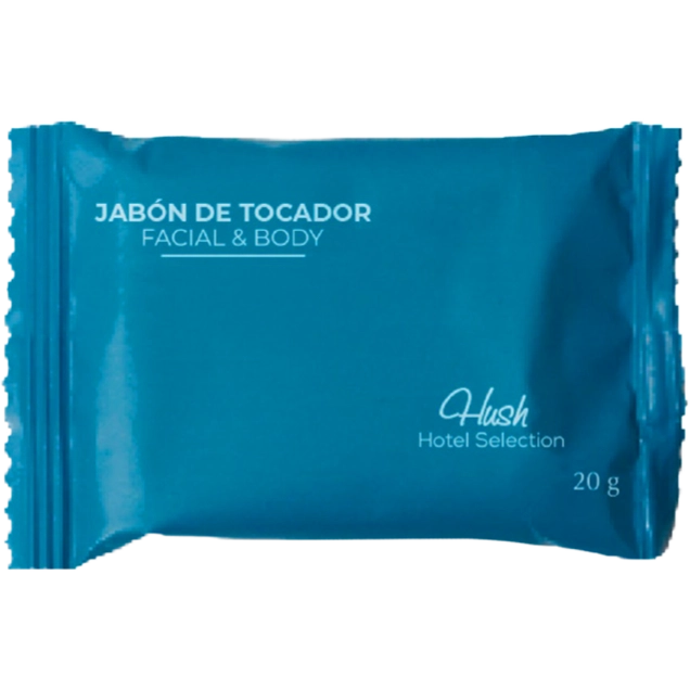 Jabón de Tocador Hush 20 Gramos aroma Avena código PHT00056 en empaque azul hermético para amenidades de hotel en Nicaragua.